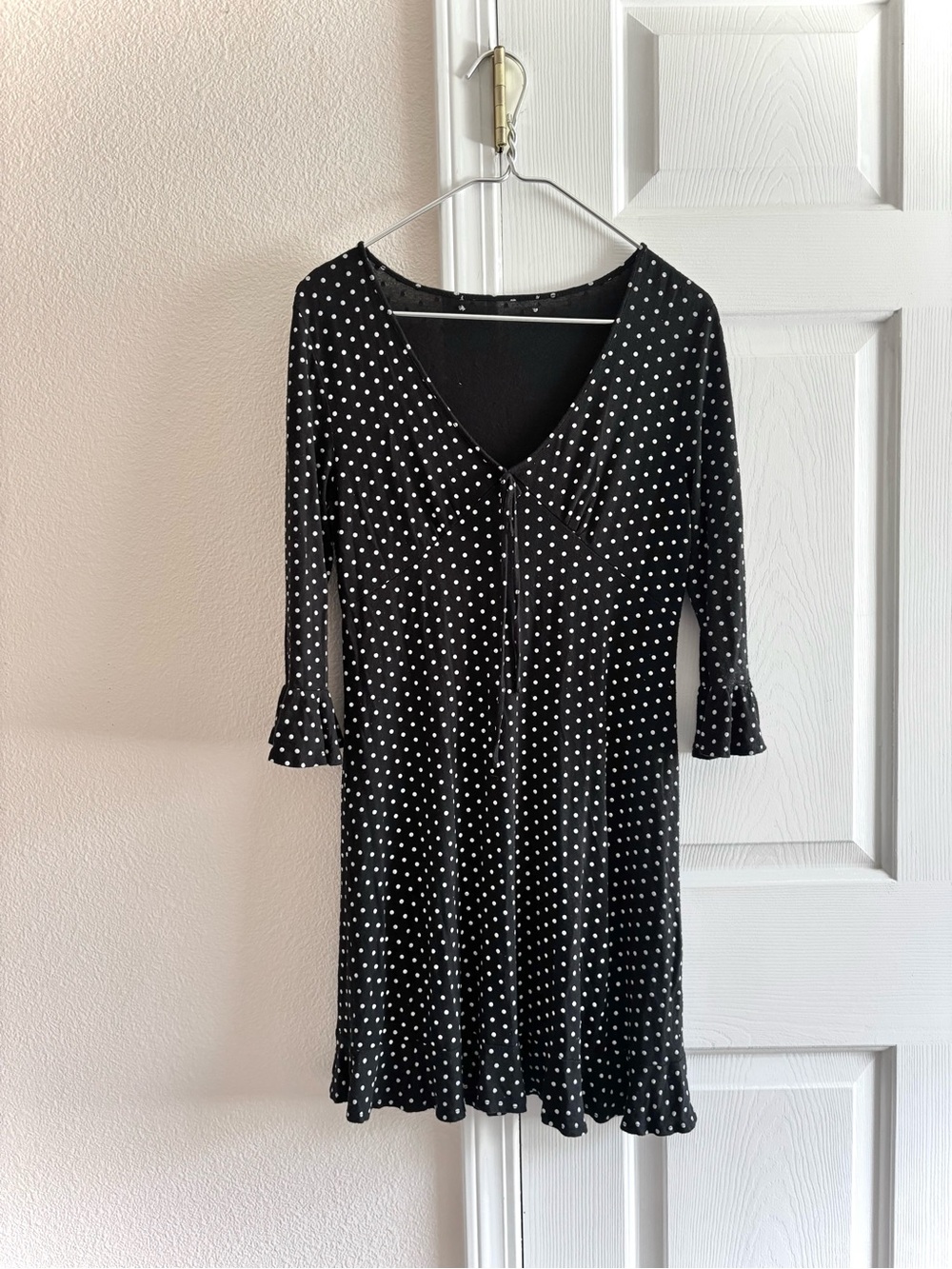 Vintage Womens Black & White Polka Dot V-Neck Dress S